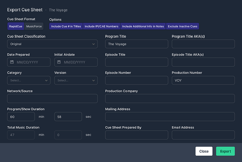 Export Cue Sheet